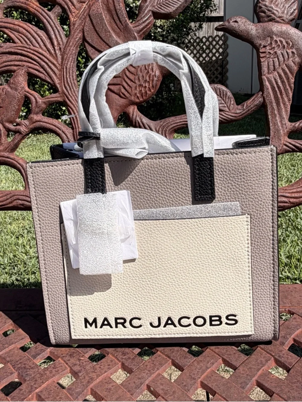 Marc Jacobs Mini CB Grind Tote Beige & Black Leather Crossbody with Logo Panel